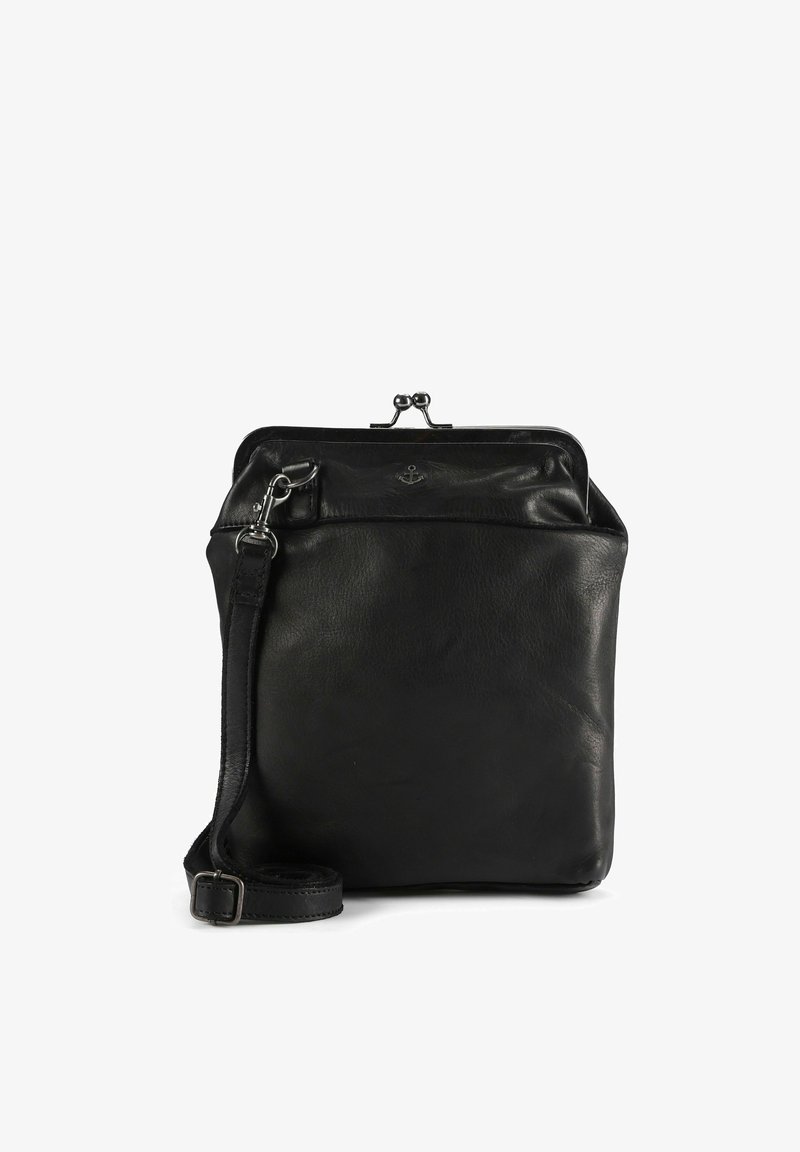 Sac en cuir noir avec fermeture à fermoir, sangle réglable, texture lisse et design minimaliste. Le devant présente un détail de logo ancre.