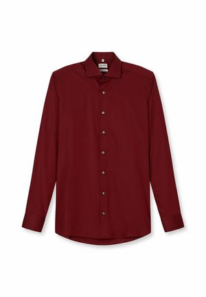Bordeaux lange mouw shirt met een puntkraag, knopenfront en afgeronde zoom. Gemaakt van gladde stof met een subtiele glans.