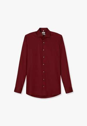 Camicia bordeaux a maniche lunghe con colletto a punta, chiusura a bottoni e orlo arrotondato. Realizzata in tessuto morbido con una leggera lucentezza.
