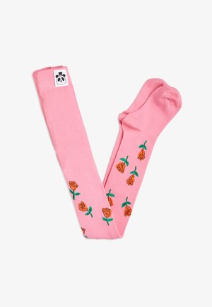 Ružičaste pamučne čarape s narančastim vezom ruža i zelenim lišćem, te pandinim logom na rubu. Glatka tekstura i prilagođeni dizajn.