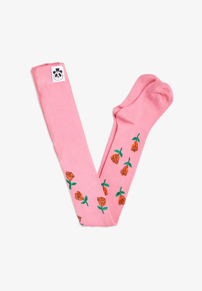 Meias de algodão cor-de-rosa com rosas bordadas laranja e folhas verdes, além de um logo de panda na bainha. Textura suave e design ajustado.