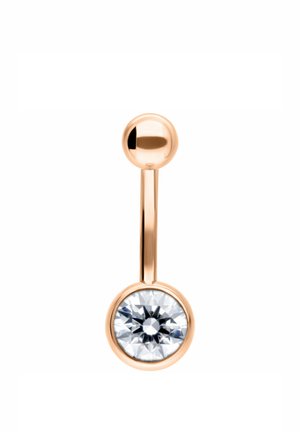 Rose gold curved barbell with a clear round gemstone on one end and a smooth metal ball on the other, designed for body piercing.