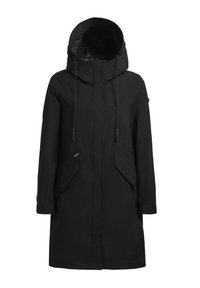 Manteau long noir avec capuche, fermeture éclair à l'avant, cordons de serrage et deux grandes poches latérales. Tissu lisse avec une finition mate. Design minimaliste.