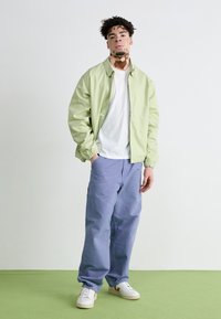 Jachetă bomber verde deschis peste un tricou alb, asortată cu pantaloni liliachiu largi și adidași albi. Material neted, croială relaxată.