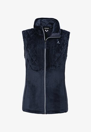 Marineblaue Fleece-Weste mit Rautenmuster, Reißverschluss vorne, zwei Seitentaschen und Kapuze. Weicher Stoff; ohne Ärmel.