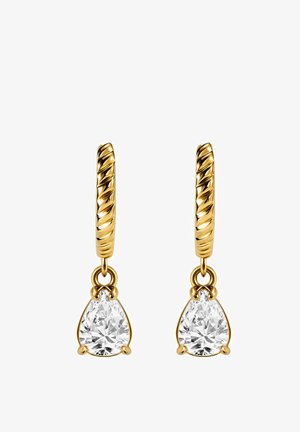 Gouden oorbellen met een gedraaide textuur, met peervormige heldere kristallen die aan de onderkant hangen.