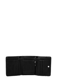 Black trifold leather wallet opened flat, showing multiple card slots, a zippered coin pouch in the center, and a snap button compartment on the right.
