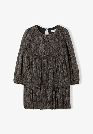 Fekete és arany mintázatú, hosszú ujjú ruha, ráncolt, lépcsőzetes aljjal és kulcslyuk kivágással, puha, textúrált anyagból.