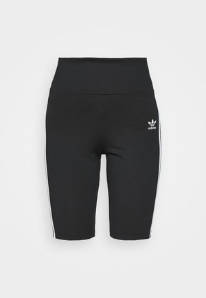 Calções desportivos pretos com uma cintura alta, apresentando riscas laterais brancas e um pequeno logótipo branco na parte da frente. Tecido suave e elástico.