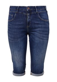 Blauwe denim capri jeans met een aansluitend ontwerp, omgeslagen zoom, voor- en achterzakken en contrasterende stikseldetails.