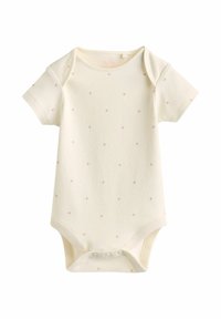 Body a maniche corte per neonati in morbido cotone beige con motivi a cuore rosa chiaro, dotato di chiusure a scatto nella parte inferiore per un facile utilizzo.