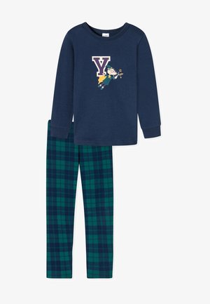 Maglia a maniche lunghe color navy con una grafica "Y" bianca e viola e pantaloni a quadri verdi e blu. Tessuto morbido con vestibilità rilassata.