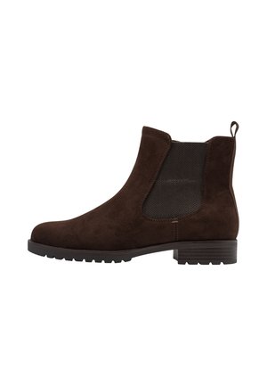 Dunkelbrauner Wildleder-Chelsea-Stiefel mit elastischem Seitenteil, Zuglasche an der Ferse und niedriger Blocksohle mit Profil.