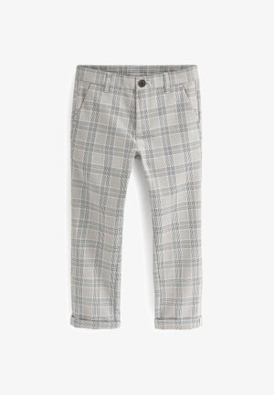 Pantalon à carreaux gris clair avec poches avant, passants pour ceinture, fermeture par bouton et ourlets retroussés, présenté à plat sur un fond blanc.