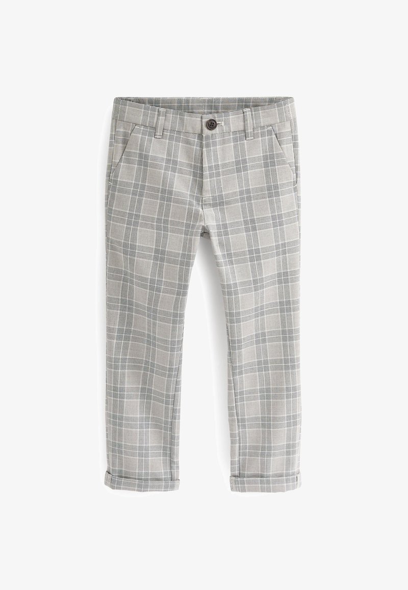 Pantalon à carreaux gris clair avec poches avant, passants pour ceinture, fermeture par bouton et ourlets retroussés, présenté à plat sur un fond blanc.