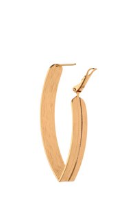 Goldfarbene Creolen mit einem gebogenen, gebürsteten Metalldesign und einem sicheren Verschluss. Leicht konische Form mit kontrastierenden, glänzenden Kanten.