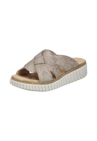 Woven light beige slide sandal with a platform white sole. Features cross-strap design, textured upper, and a cushioned insole.