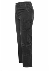 Mustat cargo-housut, joissa on suora lahkeiden muotoilu, useita sivutaskuja, nappikiinnitys ja kontrastivärinen ommel lisäämään yksityiskohtia.