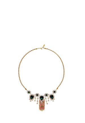 Gold chain necklace with five large green teardrop and round gemstones, surrounded by small diamonds and colorful bead tassels in the center.