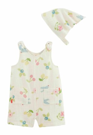 Barboteuse bébé et chapeau assorti en tissu blanc avec imprimé floral et oiseaux pastel, barboteuse avec nœuds aux épaules et poches avant.