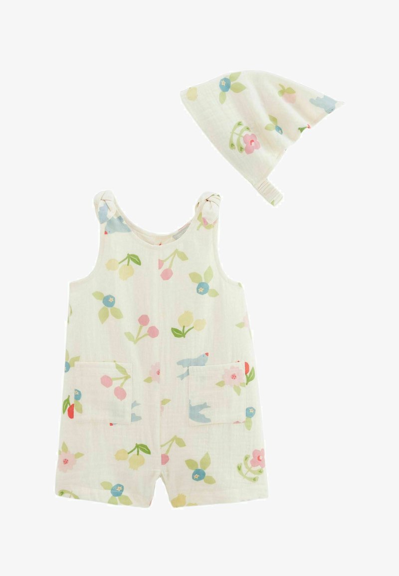 Barboteuse bébé et chapeau assorti en tissu blanc avec imprimé floral et oiseaux pastel, barboteuse avec nœuds aux épaules et poches avant.