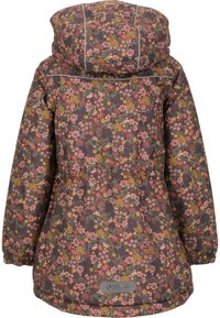 Kapuzejacke für Kinder mit einem pinken, gelben und blauen Blumenmuster auf maroonfarbenem Hintergrund, elastische Bündchen und reflektierendes Logo am hinteren Saum.