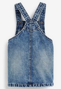 Vaaleansininen farkkuolkaimeton mekko, jossa on säädettävät raidalliset hihnat, metalliset napit ja suora leikkaus. Haalistunut pinta näkyvillä ompeleilla.