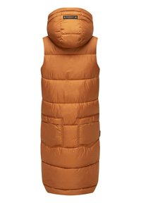 Lång vadderad väst i orangebrunt, med huva, quiltad textur och två framfickor med en platt design.