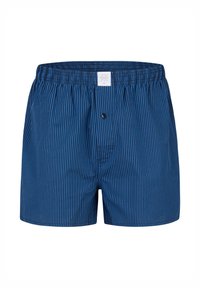 Blå randiga boxershorts med elastisk midjeresår, knapplås och en liten logotypetikett mitt fram högst upp.