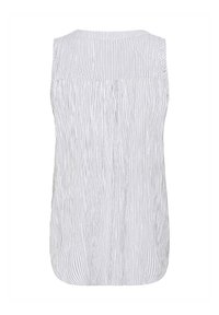 Top sans manches blanc avec des rayures verticales grises, présentant un col rond et un détail plissé au dos. Tissu doux avec une texture lisse.