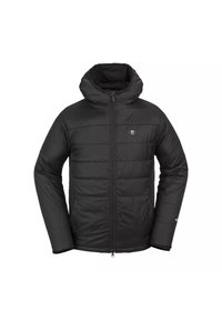 Schwarze Pufferjacke mit Reißverschluss, hohem Kragen und Kapuze. Verfügt über genähte horizontale Bahnen und ein kleines Logo auf der Brust. Glatte Textur.