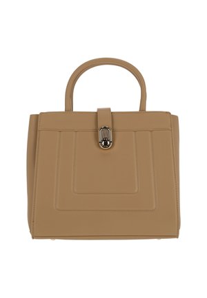 Jäsennelty käsilaukku vaalean beigenvärisestä synteettisestä nahasta, jossa on yläkahva, lukitusklipsi ja ompeludetaljit etupaneelissa.