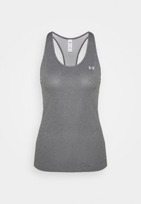 Top tecnico grigio con texture a rete, scollatura a girocollo e design a schiena scoperta. Presenta un logo Under Armour sul petto.