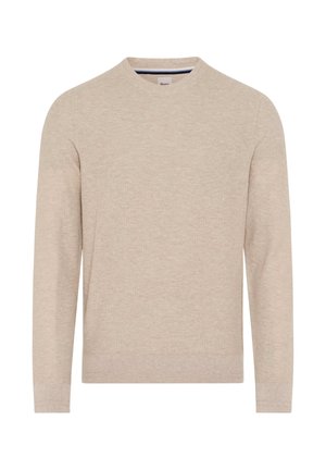 Beige trui met lange mouwen en ronde hals, uitgevoerd met een gestructureerd breisel. Voorzien van geribbelde boorden bij de mouwen en zoom. Eenvoudig en veelzijdig ontwerp, ideaal om te combineren in lagen.