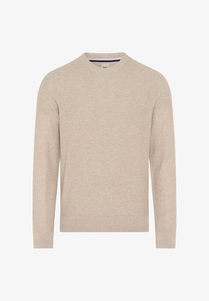 Beige trui met lange mouwen en ronde hals, uitgevoerd met een gestructureerd breisel. Voorzien van geribbelde boorden bij de mouwen en zoom. Eenvoudig en veelzijdig ontwerp, ideaal om te combineren in lagen.