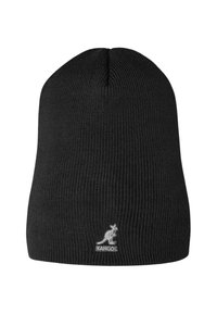 Gorro de punto acanalado negro con la parte superior redondeada y un pequeño logo de Kangol bordado en la parte frontal. Textura suave, ajuste elástico.