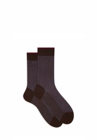 Calze marroni con accenti marroni scuri, caratterizzate da un motivo a righe verticali viola, bordo a costine e aree rinforzate per il tallone e le punte.