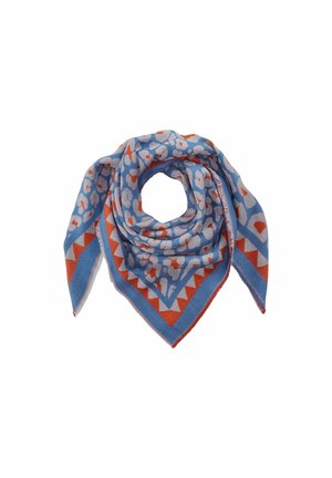 Écharpe carrée avec un fond bleu, ornée d'un motif de taches blanches et de coeurs rouges, bordée d'un cadre géométrique rouge et bleu.