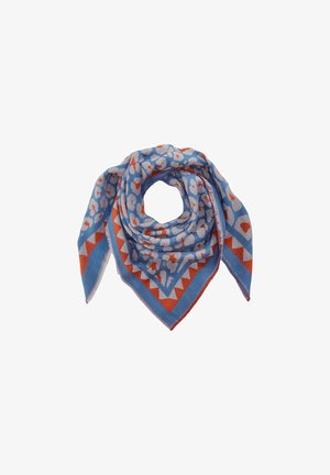 Square scarf featuring a blue background with a pattern of white spots and red heart shapes, edged with a geometric red and blue border.