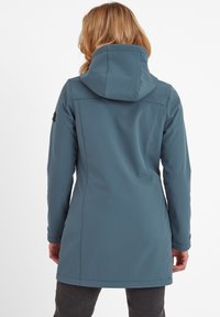 Blue softshell coat with a hood, featuring a fitted design, smooth texture, and button accents on sleeves.