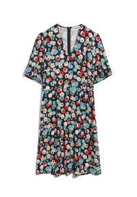 Robe à fleurs avec un fond noir et des fleurs rouges, bleues et roses. Manches courtes bouffantes et décolleté en V. Fermeture éclair au dos.