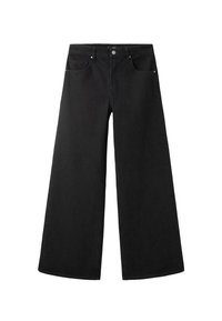 Jeans anchos negros de mezclilla, con una cintura alta, cinco bolsillos y herrajes plateados. Textura suave con detalles sutiles.