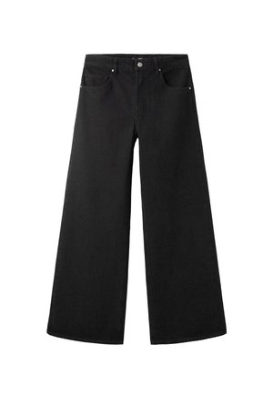 Jeans anchos negros de mezclilla, con una cintura alta, cinco bolsillos y herrajes plateados. Textura suave con detalles sutiles.