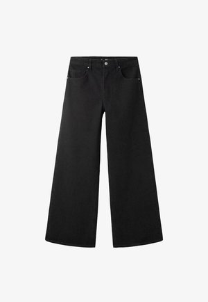 Jeans neri a gamba larga in denim, con vita alta, cinque tasche e hardware in argento. Texture liscia con dettagli sottili.