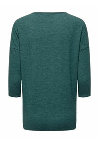 Teal three-quarter sleeve top with a rounded neckline. Made from a soft, textured fabric. Simple design, no visible fastenings or embellishments.