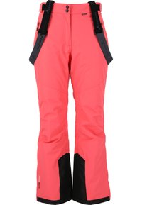 Heldere roze skibroek met zwarte accenten, verstelbare banden en een waterdichte stof. Heeft een gladde textuur en een gestructureerd ontwerp.