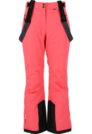Heldere roze skibroek met zwarte accenten, verstelbare banden en een waterdichte stof. Heeft een gladde textuur en een gestructureerd ontwerp.