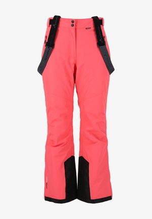 Lyserøde skibukser med sorte detaljer, justerbare stropper og et vandafvisende stof. Har en glat tekstur og et struktureret design.