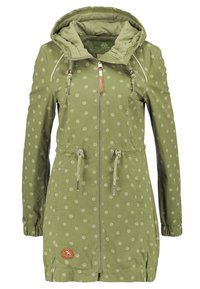 Green jacket with a patterned design, featuring a hood, drawstrings, and a front zipper. Made from a lightweight fabric.