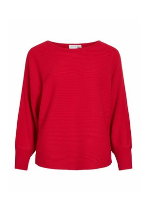 Roter, gerippter Strickpullover mit weitem Ausschnitt und Ballonärmeln. Leichter Stoff mit lässiger Passform und ohne auffällige Muster oder Akzente.